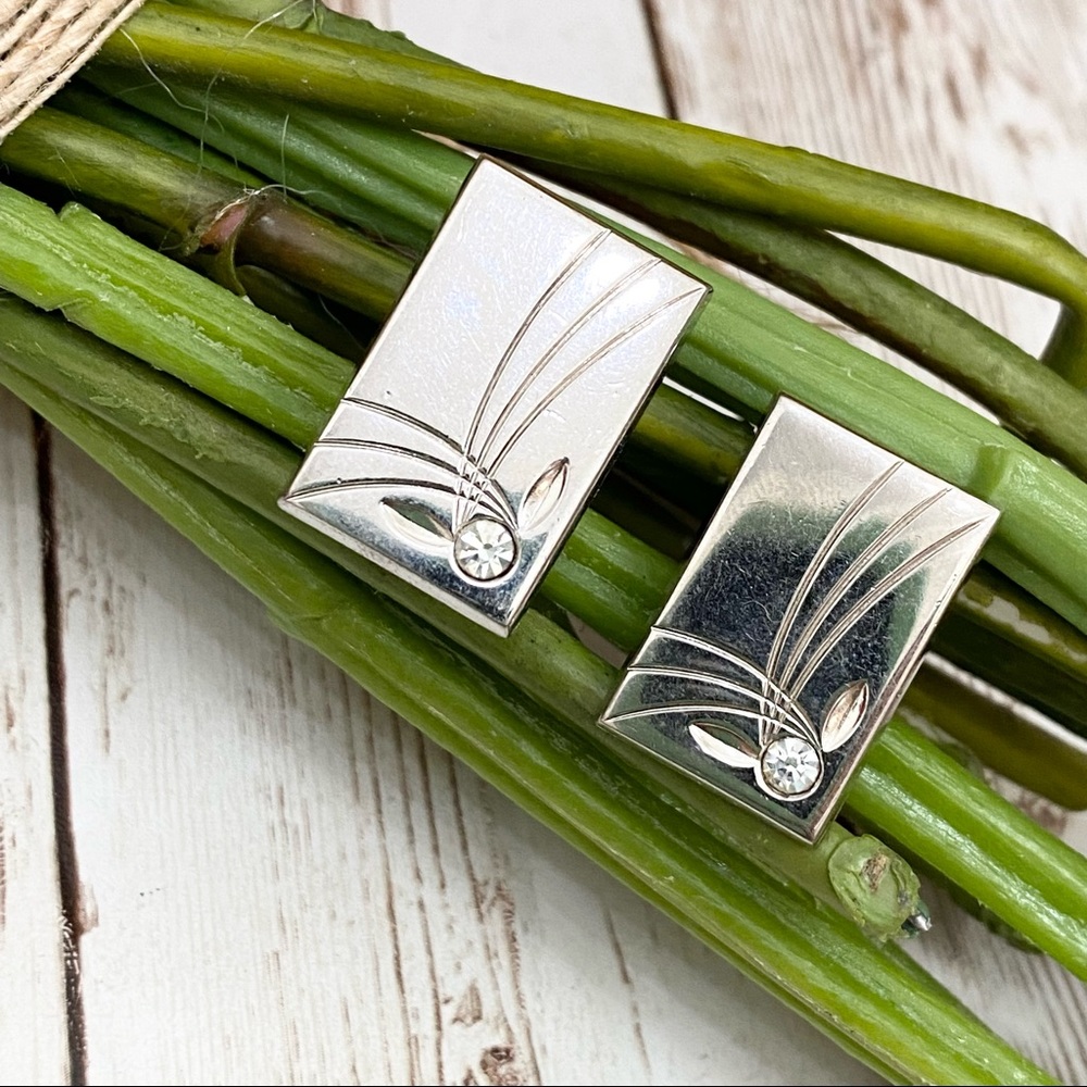 Vintage Foster Pat Pend Square CZ Stone Etched Silver-tone Cufflinks - Picture 2 of 9
